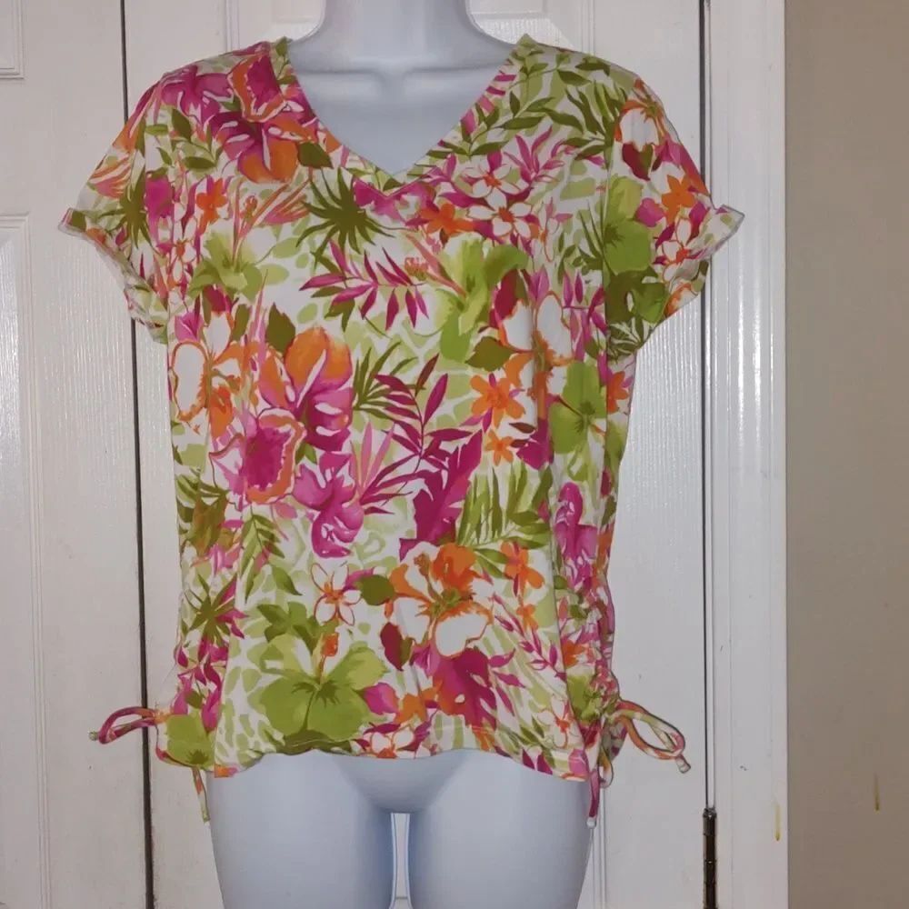 Caribbean Joe tropical beachy short sleeve top  Sz L Petite